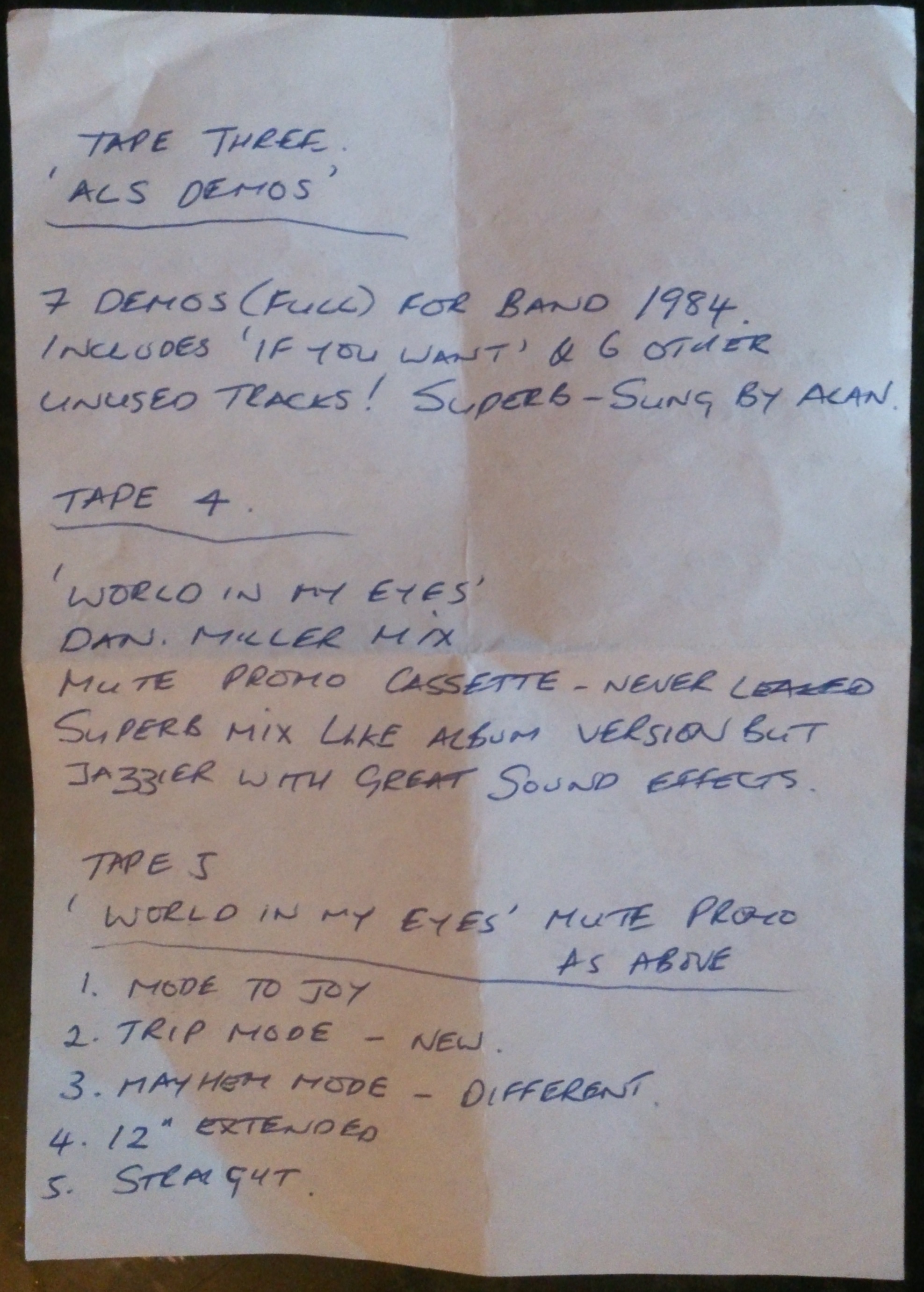 Handwritten information sheet mentioning 7 Alan demo tracks.