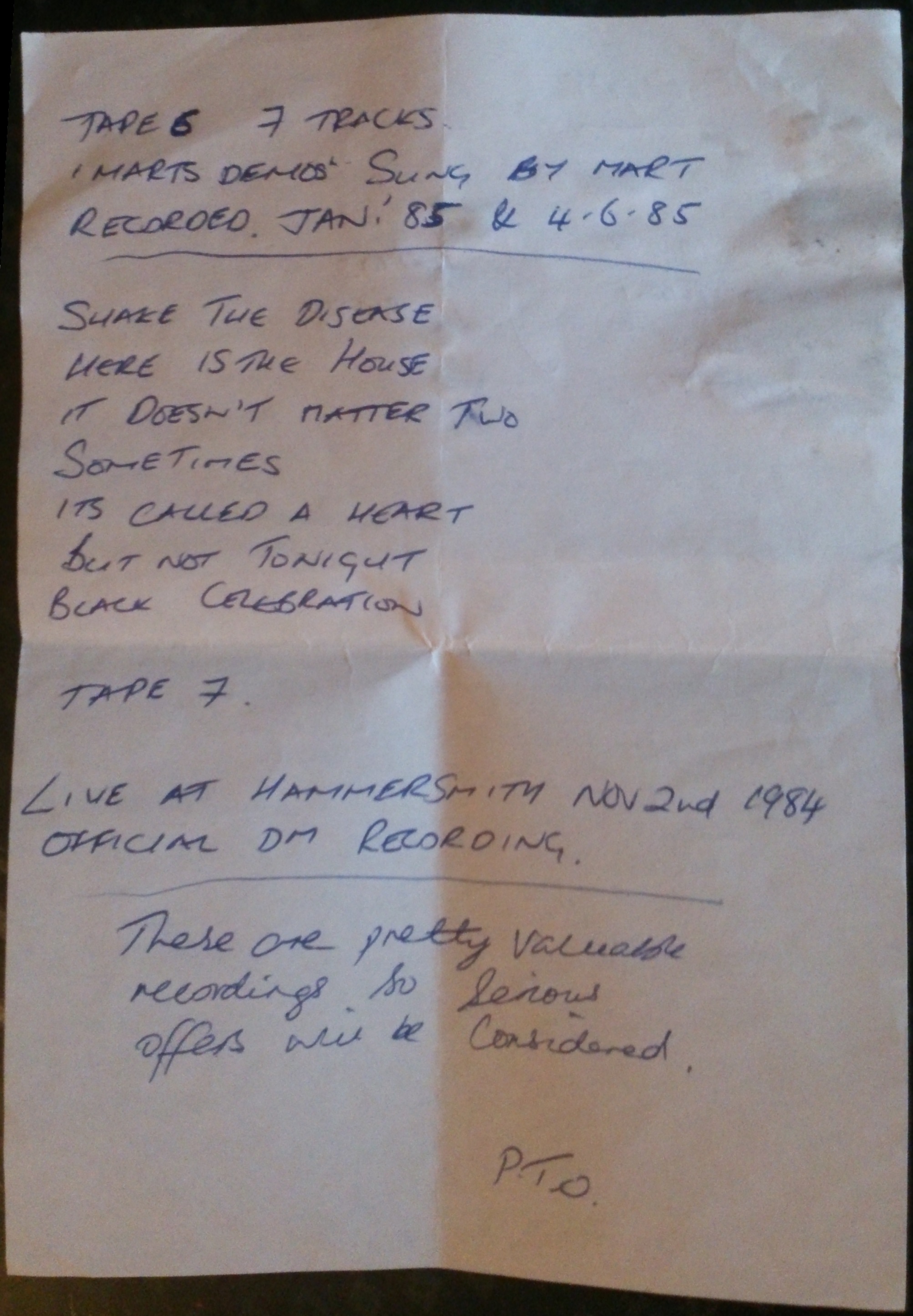Handwritten info sheet for the Black Celebration demo tape.
