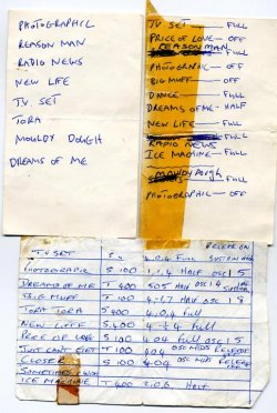 An early set list and synth set-up sheet (unknown date), provided by Daryl Bamonte, which lists Radio News, among other early live-only songs.